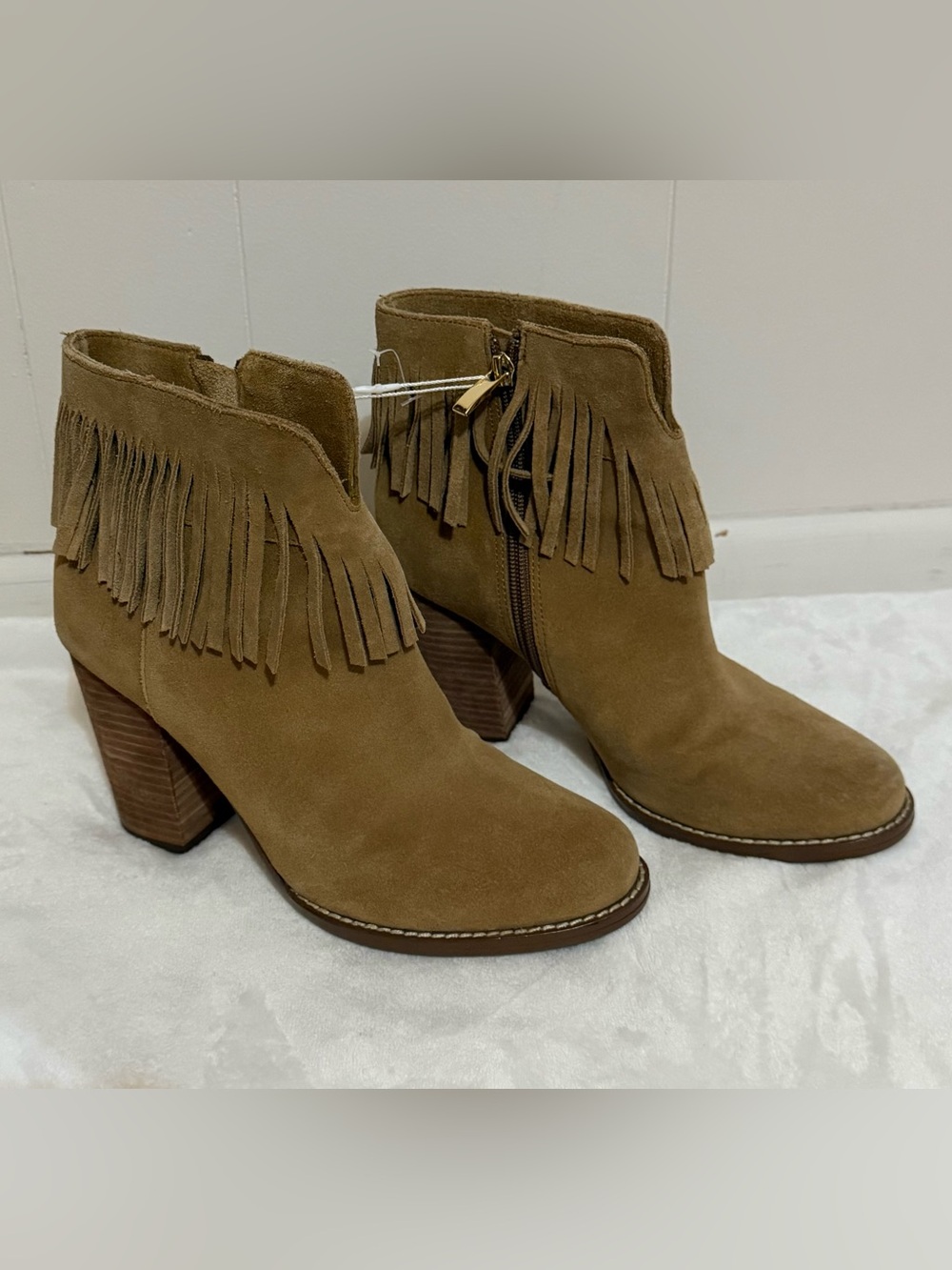 Neiman Marcus Tan Suede Fringe Ankle Boots